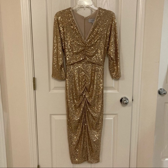 IORANE Ruched Front V-Neck Sequin Midi Dress in Bright gold Size S - Picture 3 of 14